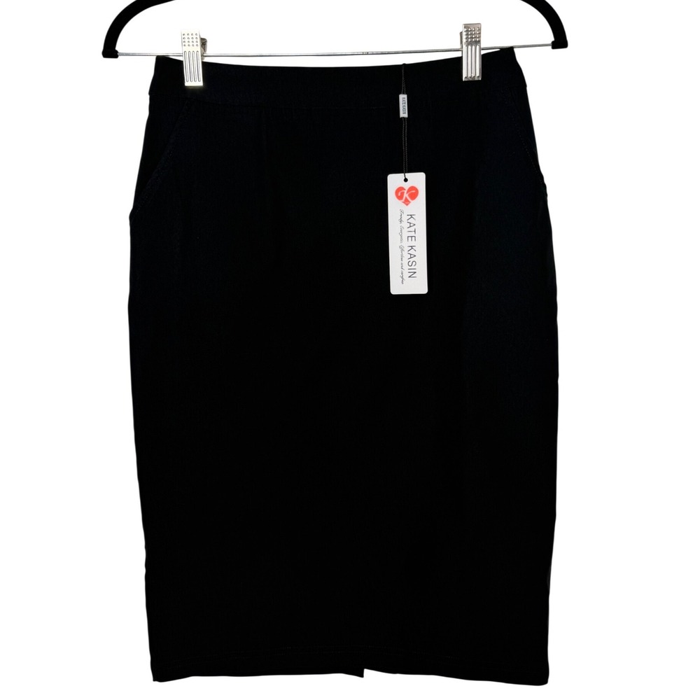 Kate Kasin Black Pencil Skirt Womens Small Side Pockets Back Zip Office Wear NWT